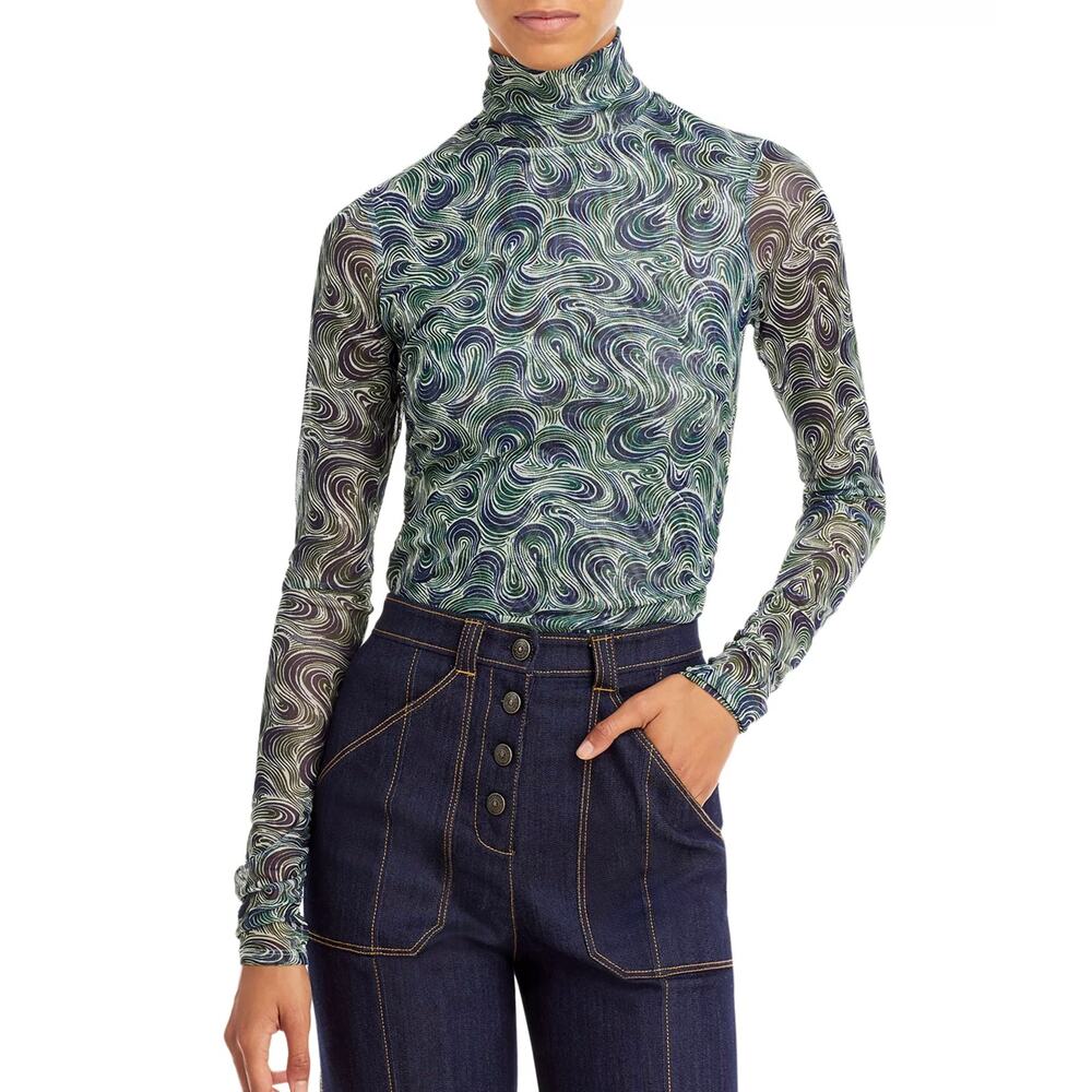 Cinq à Sept Swirl Mesh Turtleneck Top Sheer Shirred Long Sleeve XS